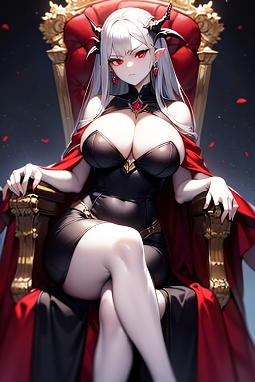 masterpiece, extra limbs, 1vampire lady, 250 years old,((light silver extra long hair)), slant blank ruby red eyes, big breasts, curvy,(pale white finely detailed skin), (serious),(((clothed Necromancer))),hair ornaments,earrings,cape,Grimoire,crossed legs,sitting on throne,old castle,midnight