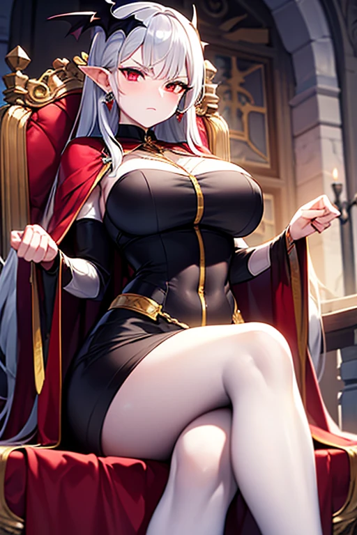 masterpiece, extra limbs, 1vampire lady, 250 years old,((light silver extra long hair)), slant blank ruby red eyes, big breasts, curvy,(pale white finely detailed skin), (serious),(((clothed Necromancer))),hair ornaments,earrings,cape,Grimoire,crossed legs,sitting on throne,old castle,midnight 