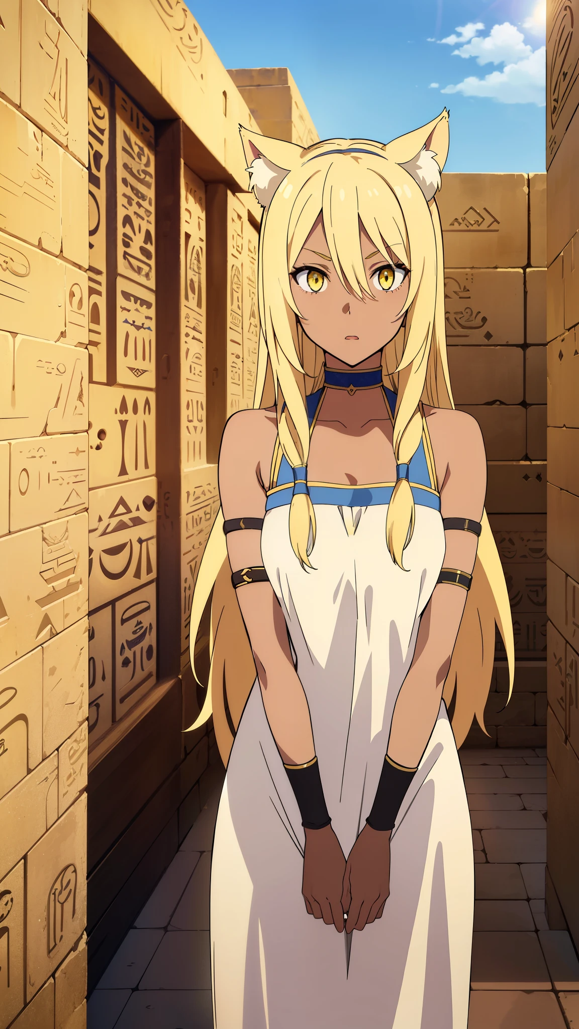 (1girl ,solo,20s,mature female),blonde hair,long hair,cat ears,yellow eyes,(((dark skin))),(Egypt, blue sky, sun),bare shoulders,looking at view,from back,bathroom