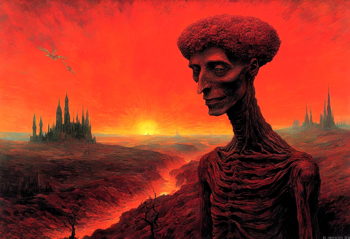 Mythical creatures, author：Zdzislaw Beksiński and Vincent Van Gogh, Album cover, romantic, Surrealism, Futuristic ,Smiling Corpse, Coral, Wizard, Abstracted, dark, red, landscape