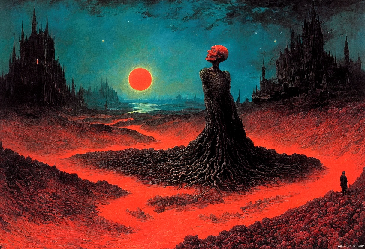Mythical creatures, author:Zdzislaw Beksiński and Vincent van Gogh, Red moon and big eyeucha