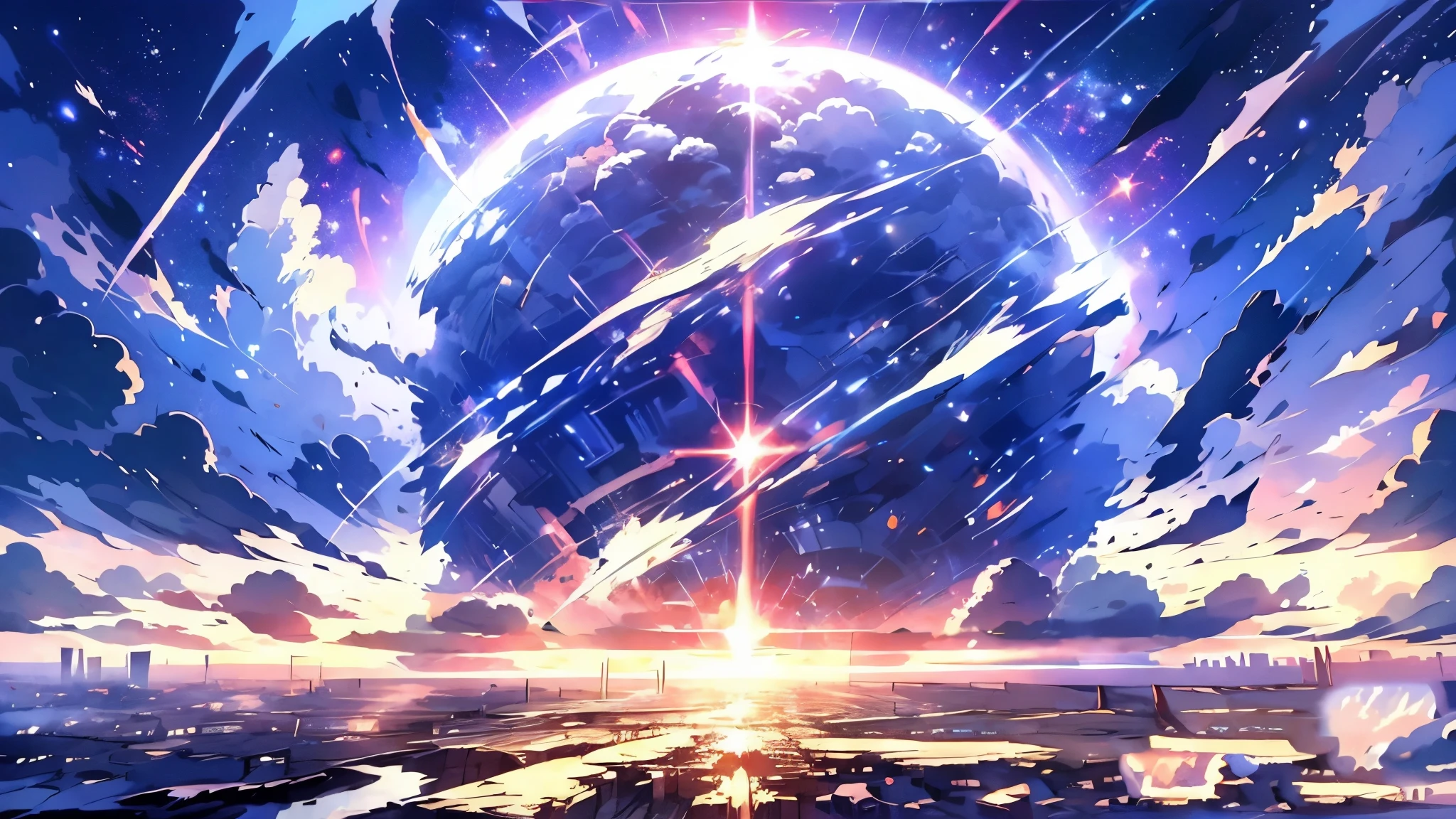 anime - style scene of a beautiful sky with a star and a planet, on a abandoned city on the sea,cosmic skies. by makoto shinkai, anime art wallpaper 4k, anime art wallpaper 4 k, anime art wallpaper 8 k, anime wallpaper 4k, anime wallpaper 4 k, 4k anime wallpaper, anime sky, amazing wallpaper, anime background, heaven planet in background, anime background art