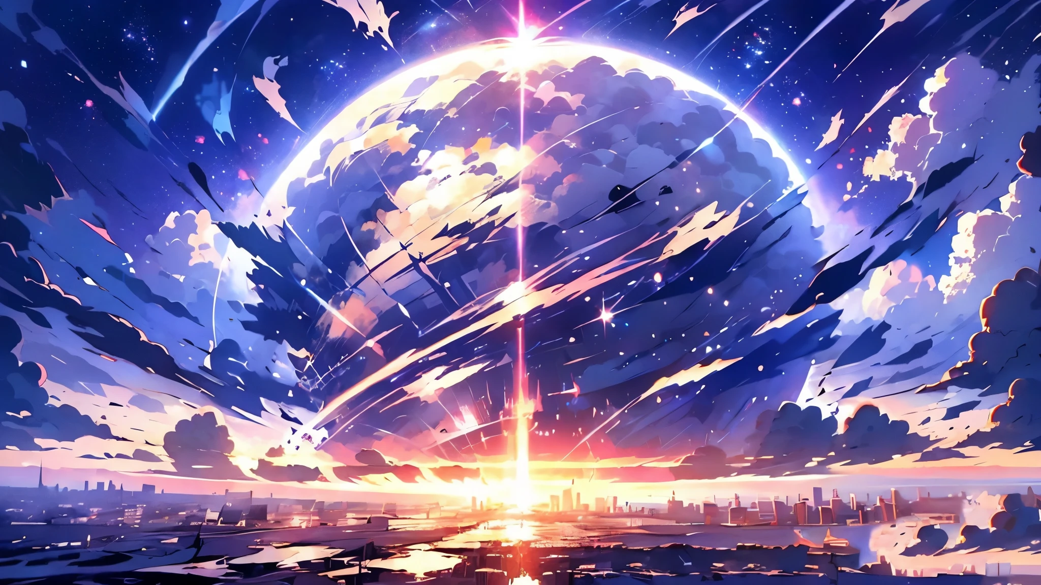 anime - style scene of a beautiful sky with a star and a planet, on a abandoned city on the sea,cosmic skies. by makoto shinkai, anime art wallpaper 4k, anime art wallpaper 4 k, anime art wallpaper 8 k, anime wallpaper 4k, anime wallpaper 4 k, 4k anime wallpaper, anime sky, amazing wallpaper, anime background, heaven planet in background, anime background art