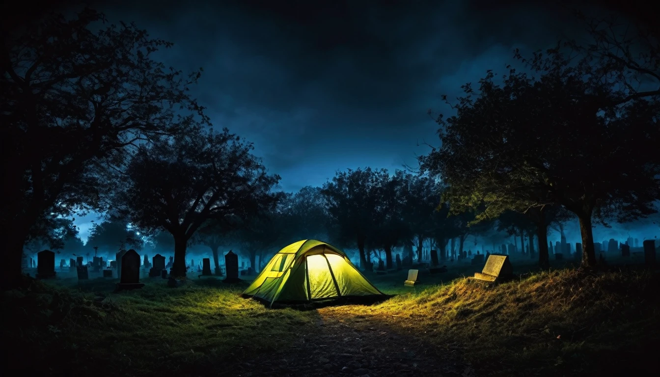 camping tent, in the middle of a sinister cemetery, dark night, horror image, macabre, scary