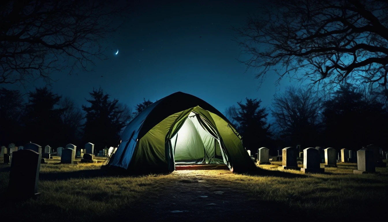 camping tent, in the middle of a sinister cemetery, dark night, horror image, macabre, scary
