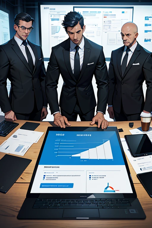 Digital marketing scene on a sleek sales table, (High-resolution, 4K, Detailed background, Ultra-detailed logo, Masterpiece:1.2), (Cool, modern office setting), various digital devices, (Multiple computer screens), (Interactive user interface), (Man in suit and tie, focused), (Headphones on ear, intense gaze), (Coffee cup nearby), (Minimalist design), (Reflective surface on table), (Subtle lighting, casting long shadows), (Sleek sales table design), (Digital marketing statistics displayed), (Stylized infographics and charts).