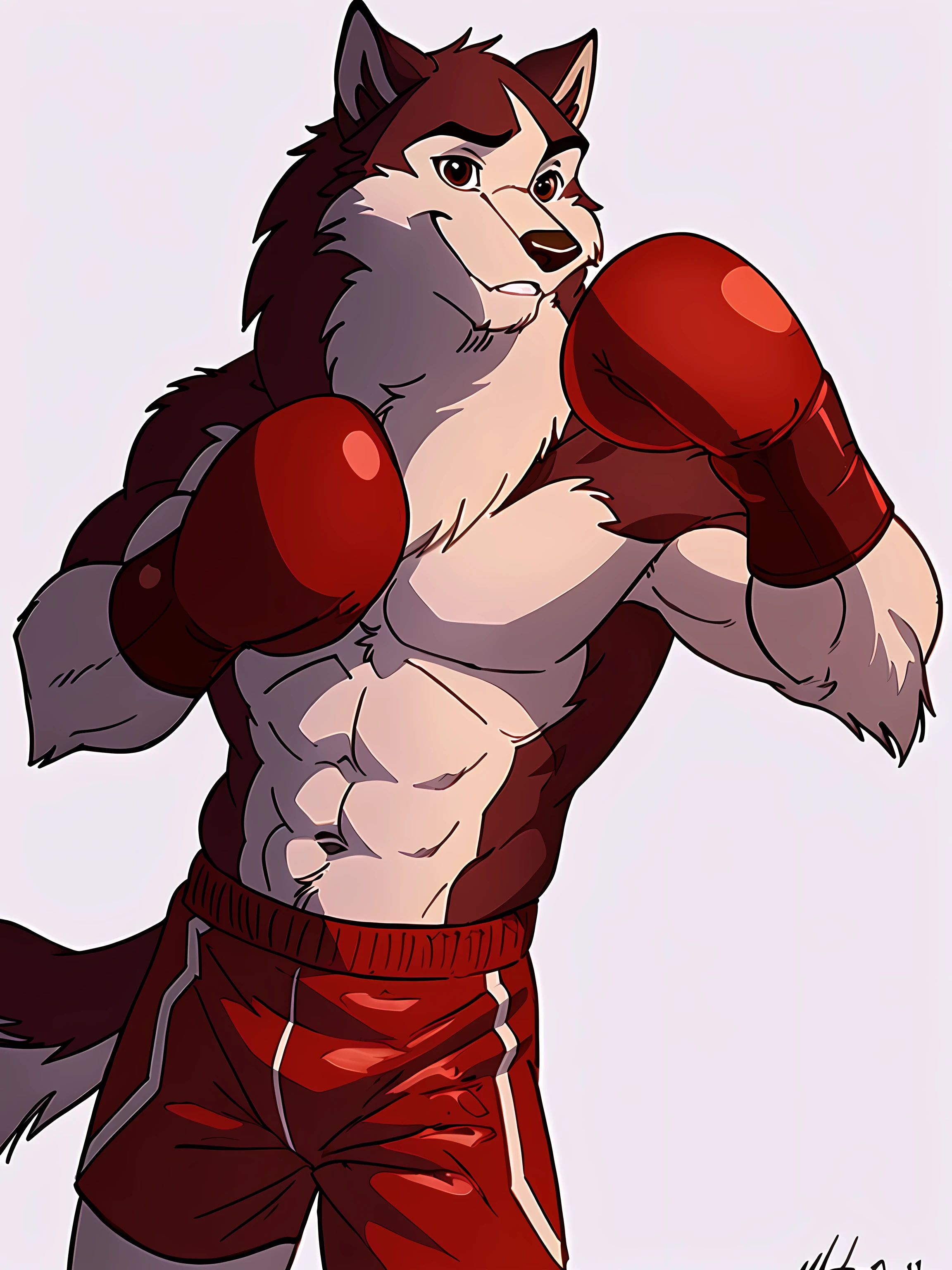 kodi, kodiak (balto), red fur, detailed, detailed face, detailed eyes, anthro body, black lineart, black outline, male, young adult, muscular body, brown eyes, cartoon shading, cel shaded:1.0, confident, proud, smile, front view:1.1, boxing shorts, full body:1.2, wolf tail, (wearing boxing gloves, detailed boxing gloves):1.1, (no background, white background):1.5, bare chest, by wfa, by negger