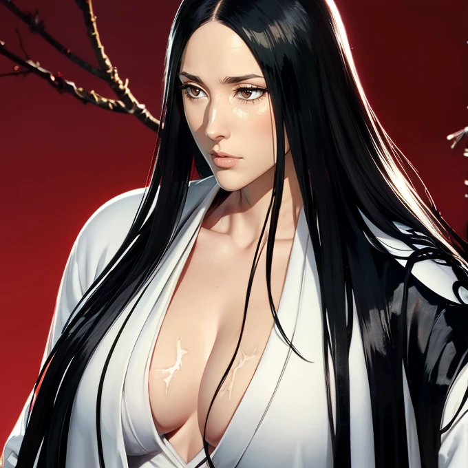 (((Perfect figure,figure,black Japanese clothing,feather woven, (((bleach,(((Scars on the chest))), red eyes,Unohana))),S-shaped figure:1.7))),((masterpiece)),high resolution, ((Best quality at best)),masterpiece,quality,Best quality,((( Exquisite facial features,looking at the audience,There is light in the eyes,Happy,nterlacing of light and shadow,huge ))),(((looking into camera,fighting stance,red background,Blood)))
work of art, (standing alone), absurderes, portraite, ((trunk)), detailed back ground, finely detail, hdr, female, shine dark skin, bangss, Bblack hair, long hair, Messy hair, neutral expression,shine brown eyes, breasts big, whole body