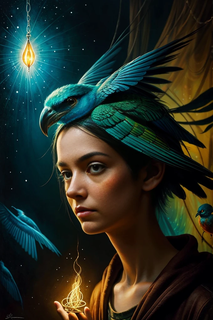 A mesmerizing hyper-realistic portrait by Esao Andrews featuring an otherworldly human-bird creature. The bioluminescent being has a slender form, with a complex internal structure and see-through skin revealing a dazzling array of multi-colored neon dots emitting a captivating glow. The creature tenderly cradles its bird-like face, surrounded by an enigmatic atmosphere. The artwork masterfully integrates Esao Andrews' signature artistic techniques, evoking a sense of wonder and mystique, drawing the viewer into a world of imagination and curiosity.