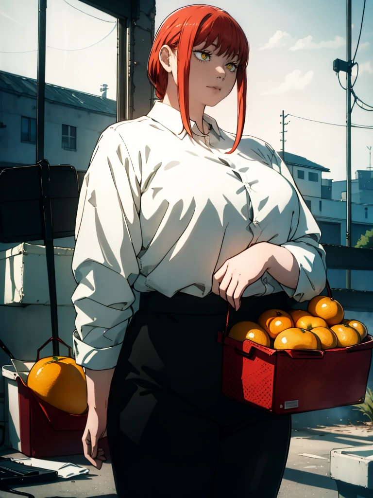 Le personnage Makima de la série animée Chainsaw Man, fragile, obésité morbide, ssbbw, pleine longueur (corps entier 1.1.), fond sombre, obscurité, anatomie correcte 1.1, anatomie correcte de la main, Très féminin, corps gras et rond, grosses Jambes, fesses, beau corps obèse, ventre rond et mou très gras, cheveux roux, Yeux oranges, Cercles rouges pour les écoliers, chemise blanche, jupe noire, cravate noire, pose sexy, réaliste, very détaillé, beau corps, détaillé body, détaillé hands, détaillé, vibrant, détaillé Face, Conception des personnages de Makima. very détaillé, détaillé body, détaillé hands, détaillé Face, Art animé, Hugh Détails, Visage très abattu, détaillé eyes, Illustration ultra fine, Meilleure ombre, détail fin, beautiful détaillé glow, beautiful détaillé, Extraordinairement beau, extremely détaillé, inexpressif, composition épique, Style animé. art animé, Style animé. Jupe noire, chemise blanche, cravatte, pose sexy