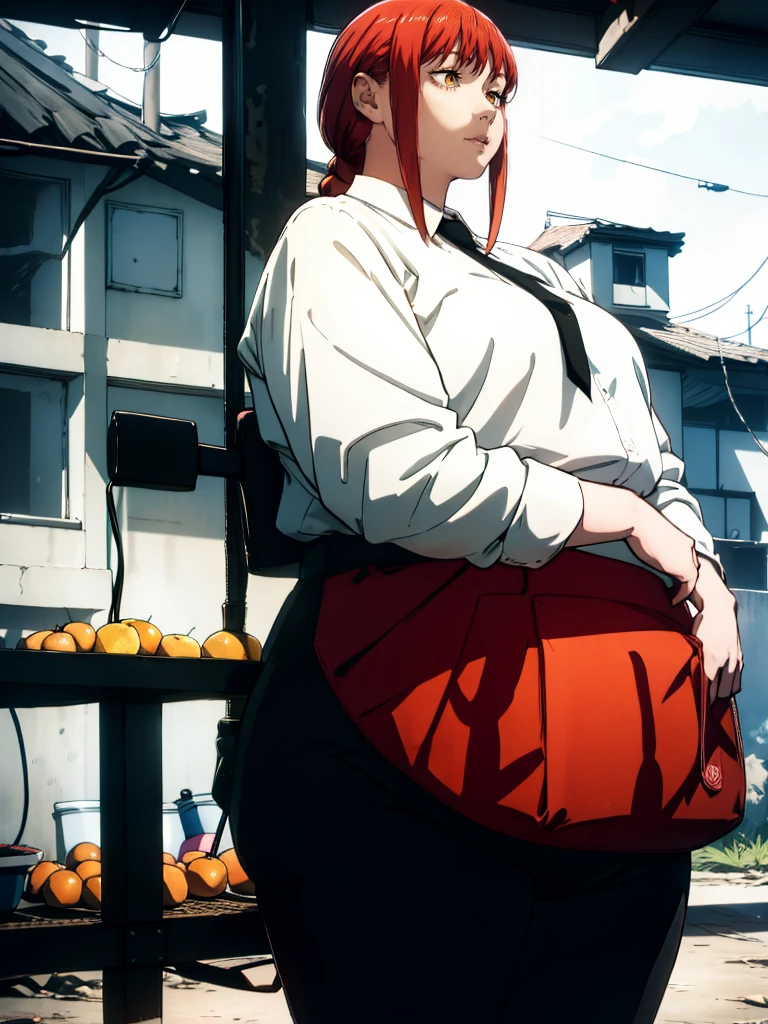 Le personnage Makima de la série animée Chainsaw Man, fragile, obésité morbide, ssbbw, pleine longueur (corps entier 1.1.), fond sombre, obscurité, anatomie correcte 1.1, anatomie correcte de la main, Très féminin, corps gras et rond, grosses Jambes, fesses, beau corps obèse, ventre rond et mou très gras, cheveux roux, Yeux oranges, Cercles rouges pour les écoliers, chemise blanche, jupe noire, cravate noire, pose sexy, réaliste, very détaillé, beau corps, détaillé body, détaillé hands, détaillé, vibrant, détaillé Face, Conception des personnages de Makima. very détaillé, détaillé body, détaillé hands, détaillé Face, Art animé, Hugh Détails, Visage très abattu, détaillé eyes, Illustration ultra fine, Meilleure ombre, détail fin, beautiful détaillé glow, beautiful détaillé, Extraordinairement beau, extremely détaillé, inexpressif, composition épique, Style animé. art animé, Style animé. Jupe noire, chemise blanche, cravatte, pose sexy