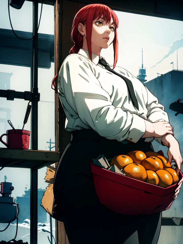Le personnage Makima de la série animée Chainsaw Man, fragile, obésité morbide, ssbbw, pleine longueur (corps entier 1.1.), fond sombre, obscurité, anatomie correcte 1.1, anatomie correcte de la main, Très féminin, corps gras et rond, grosses Jambes, fesses, beau corps obèse, ventre rond et mou très gras, cheveux roux, Yeux oranges, Cercles rouges pour les écoliers, chemise blanche, jupe noire, cravate noire, pose sexy, réaliste, very détaillé, beau corps, détaillé body, détaillé hands, détaillé, vibrant, détaillé Face, Conception des personnages de Makima. very détaillé, détaillé body, détaillé hands, détaillé Face, Art animé, Hugh Détails, Visage très abattu, détaillé eyes, Illustration ultra fine, Meilleure ombre, détail fin, beautiful détaillé glow, beautiful détaillé, Extraordinairement beau, extremely détaillé, inexpressif, composition épique, Style animé. art animé, Style animé. Jupe noire, chemise blanche, cravatte, pose sexy