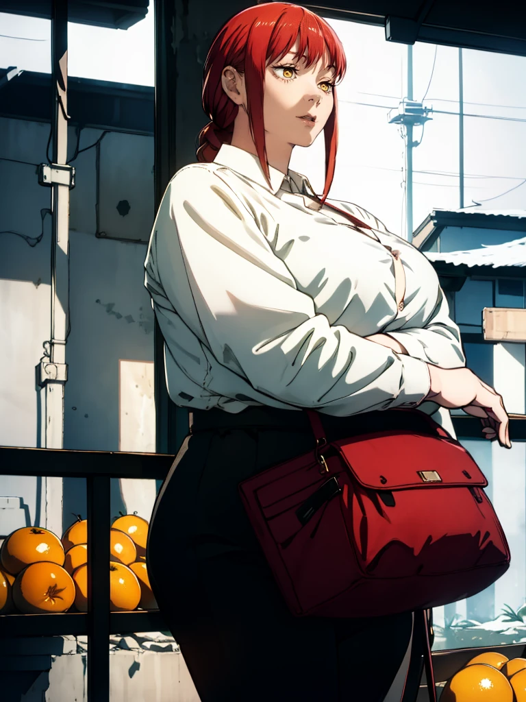 Le personnage Makima de la série animée Chainsaw Man, fragile, obésité morbide, ssbbw, pleine longueur (corps entier 1.1.), fond sombre, obscurité, anatomie correcte 1.1, anatomie correcte de la main, Très féminin, corps gras et rond, grosses Jambes, fesses, beau corps obèse, ventre rond et mou très gras, cheveux roux, Yeux oranges, Cercles rouges pour les écoliers, chemise blanche, jupe noire, cravate noire, pose sexy, réaliste, very détaillé, beau corps, détaillé body, détaillé hands, détaillé, vibrant, détaillé Face, Conception des personnages de Makima. very détaillé, détaillé body, détaillé hands, détaillé Face, Art animé, Hugh Détails, Visage très abattu, détaillé eyes, Illustration ultra fine, Meilleure ombre, détail fin, beautiful détaillé glow, beautiful détaillé, Extraordinairement beau, extremely détaillé, inexpressif, composition épique, Style animé. art animé, Style animé. Jupe noire, chemise blanche, cravatte, pose sexy