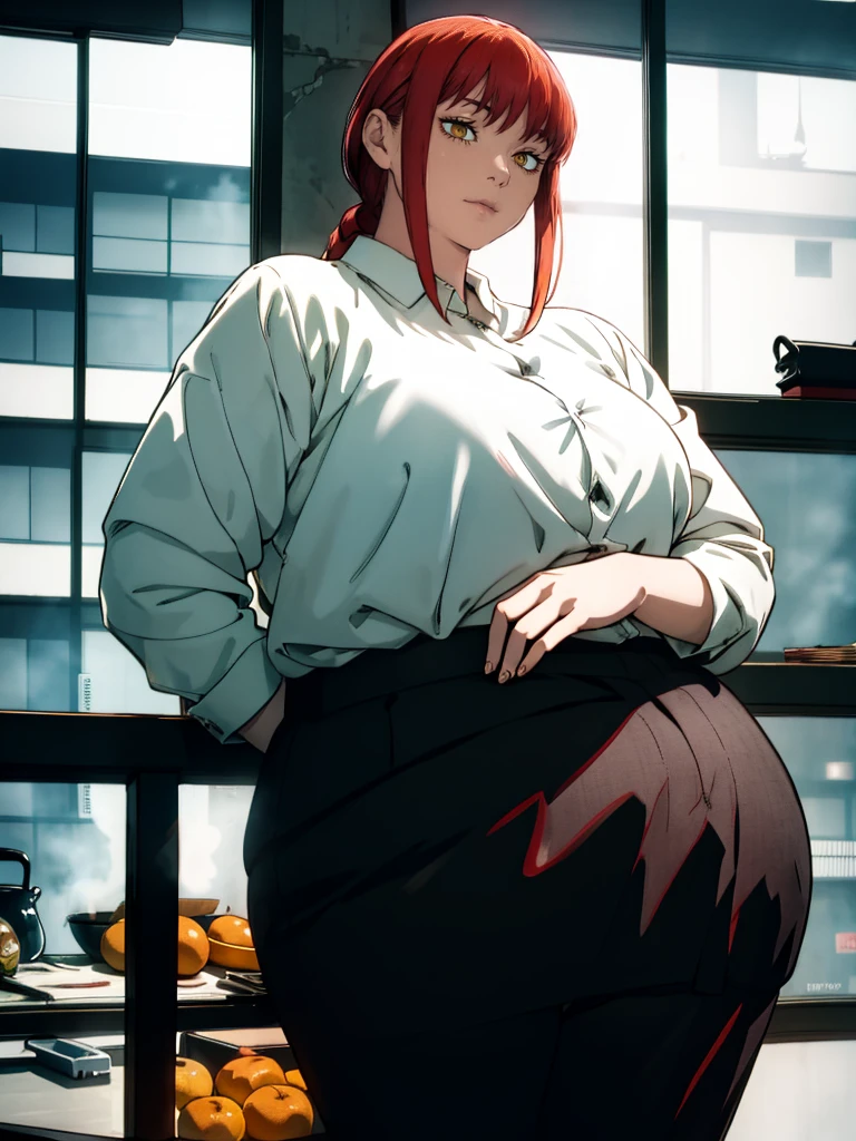 Le personnage Makima de la série animée Chainsaw Man, fragile, obésité morbide, ssbbw, pleine longueur (corps entier 1.1.), fond sombre, obscurité, anatomie correcte 1.1, anatomie correcte de la main, Très féminin, corps gras et rond, grosses Jambes, fesses, beau corps obèse, ventre rond et mou très gras, cheveux roux, Yeux oranges, Cercles rouges pour les écoliers, chemise blanche, jupe noire, cravate noire, pose sexy, réaliste, very détaillé, beau corps, détaillé body, détaillé hands, détaillé, vibrant, détaillé Face, Conception des personnages de Makima. very détaillé, détaillé body, détaillé hands, détaillé Face, Art animé, Hugh Détails, Visage très abattu, détaillé eyes, Illustration ultra fine, Meilleure ombre, détail fin, beautiful détaillé glow, beautiful détaillé, Extraordinairement beau, extremely détaillé, inexpressif, composition épique, Style animé. art animé, Style animé. Jupe noire, chemise blanche, cravatte, pose sexy