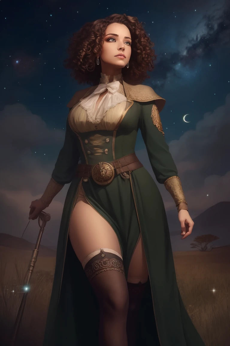 masterpiece, absurdres, 1girl, cowboyshot, tachi-e, mature woman, best aesthetics, medium breasts, wide hips, thick thighs, dark hair, curly hair, textured hair, hip-length hair, narrow eyes, dark skin, ankle-length dress, arched nose, soft shading, very detailed face, clean lines, dynamic pose, anatomically correct, hyperdetailed, beautiful lighting, dark atmosphere, dark eyeshadow, good makeup, detailed hair, green eyes, sparkling eyes, telescope, magic, fantasy, medieval, high fantasy, black stockings, comfy, cozy, tareme, medium chest, SFW, long dress, arms behind back, outdoors, constellations in sky, stargazing, african, #elf