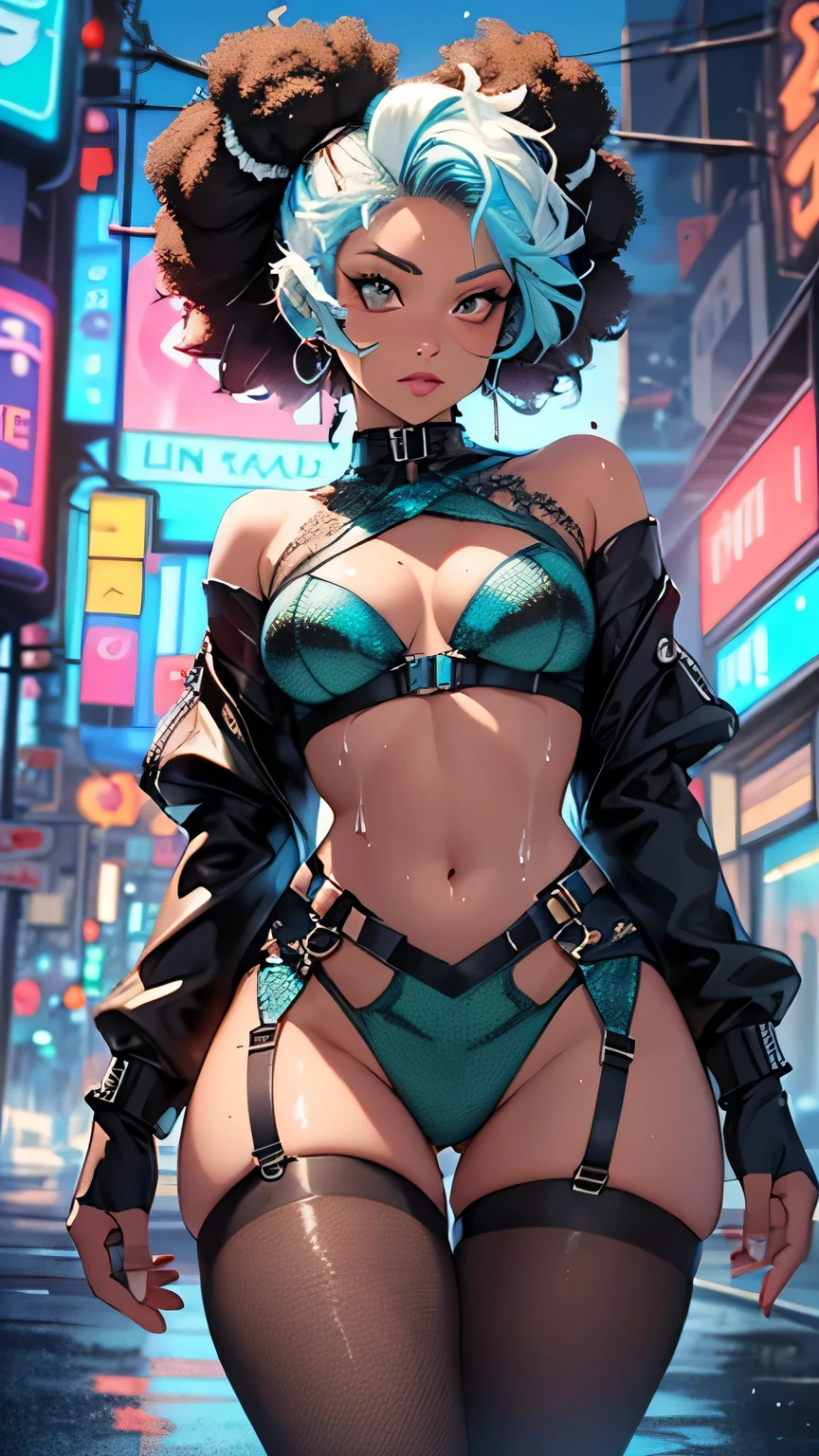 girl spacepunk,(((1girl))),((cute and beautiful afro haired girl)),((((black race)))), (large breasts:1.4),saggy breasts,(((( neon blue afro hair:1.35,((afro hair:1.35)),afrohair,afro:1.35,dark hair, neon blue hair,Double hair bun:1.3)))),medium hair,((heterochromia:1.5, (yellow_eye and red_eye))),intricate eyes,beautiful detailed eyes,symmetrical eyes,((fat)),((((tan,dark skin,black skin:1.35,dark-skinned_female,dark skin:1.3,ebony skin,lustrous skin:1.5,bright skin: 1.5,shiny skin,very shiny skin,shiny body,illuminated skin,wet legs)))),(spider lower abdomen,narrow waist,wide hip,athletic body,inflated legs),(((detailed face))), cute,slutty,sensual,seductive look,seductive,erotic,enchanting,((nsfw)), revealing clothing,show skin,(((neon green fishnet dress))),((slave collar)),(((wet clothes,intricate outfit,intricate clothes))), (dynamic pose:1.0),solo focus,embarrassed,(centered,scale to fit dimensions,Rule of thirds), cyberpunk city by the ocean at night, with bright neon signs and dark stormy clouds and puddles, scenery:1.25, artistic photography,(photography taken by sldr),highres, sharp focus, (ultra detailed, extremely detailed), (photorealistic artwork:1.37),(extremely detailed CG unity 8k wallpaper),((synthwave background theme)),(((vibrant colors))),(intricate background),(masterpiece),(best quality),