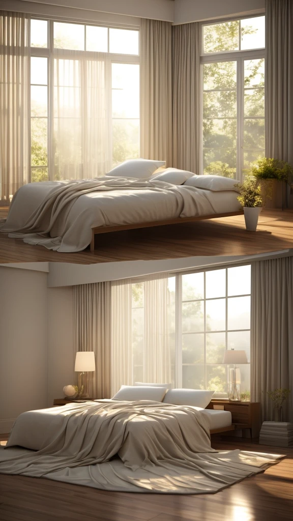 “Create an image of a serene morning scene in a bedroom. The sun is lazily breaking through sheer curtains, casting a warm, golden glow across the room. A faint mist, like the outline of a memory, envelops everything softly. The bed shows signs of recent use with slightly rumpled sheets. There is a gentle background hum, representing the morning’s silence. In the center, depict two ethereal souls dancing in infinity, their forms indistinct yet clearly defined, embodying a sense of eternity in each movement. The atmosphere should exude warmth, tranquility, and intimacy.”