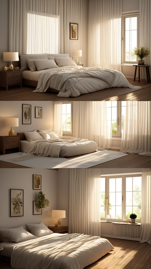 “Create an image of a serene morning scene in a bedroom. The sun is lazily breaking through sheer curtains, casting a warm, golden glow across the room. A faint mist, like the outline of a memory, envelops everything softly. The bed shows signs of recent use with slightly rumpled sheets. There is a gentle background hum, representing the morning’s silence. In the center, depict two ethereal souls dancing in infinity, their forms indistinct yet clearly defined, embodying a sense of eternity in each movement. The atmosphere should exude warmth, tranquility, and intimacy.”