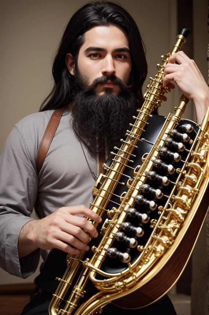 Create a bard with black hair and a not too long beard playing a wind instrument called an ocarina