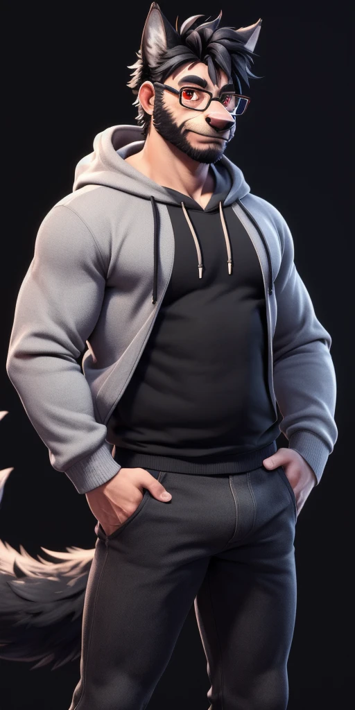 ((masterpiece, best quality:1.4)), bokeh, fluffy, 3d, animal hands,
furry male, dad bod, glasses, solo, anthro, wolf boy, cowboy shot, hand on hip,
black hair, grey fur, red eyes, short hair, black hoodie, long sleeves, long tail, black pants, bulge,
black background,