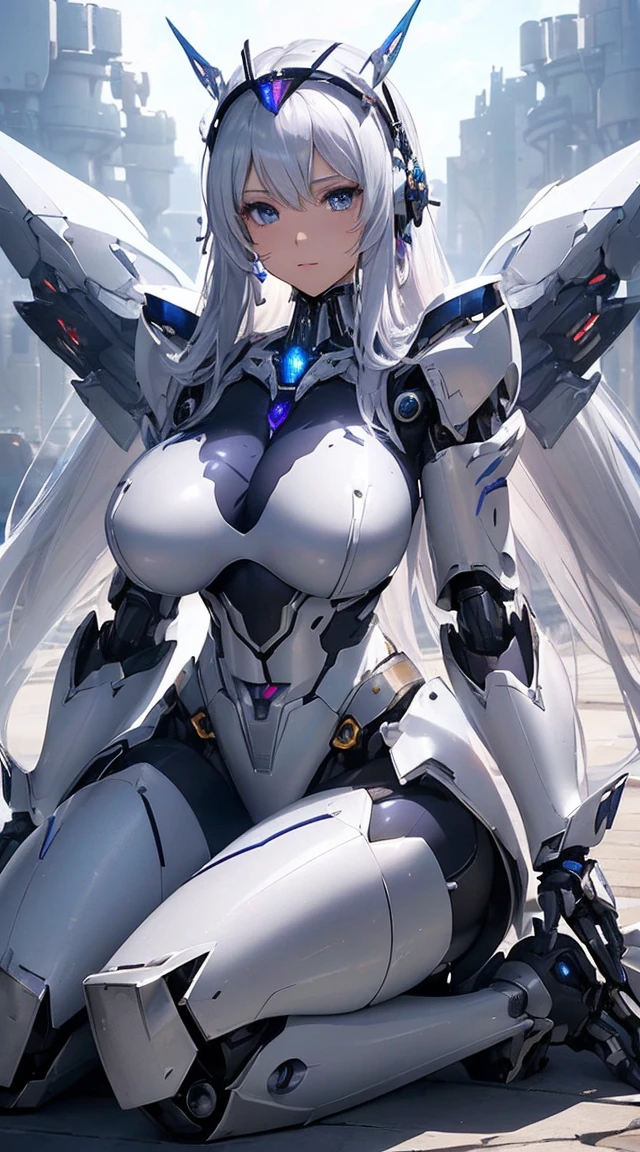 (Sit on one knee on the machine:1.6)、(Full body description:1.3)、((Shining lenses on both breasts:1.3))、((Blue pillars of light are emanating from both chests.:1.3))、smile、((8K)), ((32k)), ((Highest quality)), ((masterpiece)), ((超A high resolution)), ((Tmasterpiece)), ((Halation:1.4))、((Mechaニカルheadgear:1.2))、((Cyber Headphones:1.3))、Fine skin, High quality fabric, Fine metal texture、((Beautiful and dense face))、RAW Photos、Professional, Ultra-fine painting, ((alone)), Beautiful breasts、Highest quality, Very detailed, Very detailed詳細, Finer details, so beautiful, ((Princess Knight Robot:1.2)),  (Joints of machines, Mechanical Limbs:1.3), (The internal structure of the machine is exposed:1.3), (Long silver hair:1.1), (Beautiful and huge mechanical breasts)、White Veil, cowboy_shot, Side Focus, headgear, Shiny、(Five Fingers, Four fingers and thumb),Concept Art, Anime fantasy artwork, Detailed fantasy art, (with pale blue-violet hair and large white wings,,,,,,,), (((Long silver hair))), (Mecha:1.6)、Sleek and intimidating design, ((Commander-in-Chief&#39;arm)), (Perfect robot body)、純白と青紫armまたは, Symmetrical wings, 8K high quality, detailed art, 3D rendering of character art in 8K, neat legs, Defined, Defined fingers,