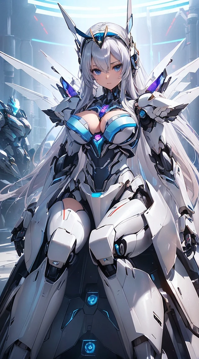 (Sit on one knee on the machine:1.6)、(Full body description:1.3)、((Shining lenses on both breasts:1.3))、((Blue pillars of light are emanating from both chests.:1.3))、smile、((8K)), ((32k)), ((Highest quality)), ((masterpiece)), ((超A high resolution)), ((Tmasterpiece)), ((Halation:1.4))、((Mechaニカルheadgear:1.2))、((Cyber Headphones:1.3))、Fine skin, High quality fabric, Fine metal texture、((Beautiful and dense face))、RAW Photos、Professional, Ultra-fine painting, ((alone)), Beautiful breasts、Highest quality, Very detailed, Very detailed詳細, Finer details, so beautiful, ((Princess Knight Robot:1.2)),  (Joints of machines, Mechanical Limbs:1.3), (The internal structure of the machine is exposed:1.3), (Long silver hair:1.1), (Beautiful and huge mechanical breasts)、White Veil, cowboy_shot, Side Focus, headgear, Shiny、(Five Fingers, Four fingers and thumb),Concept Art, Anime fantasy artwork, Detailed fantasy art, (with pale blue-violet hair and large white wings,,,,,,,), (((Long silver hair))), (Mecha:1.6)、Sleek and intimidating design, ((Commander-in-Chief&#39;arm)), (Perfect robot body)、純白と青紫armまたは, Symmetrical wings, 8K high quality, detailed art, 3D rendering of character art in 8K, neat legs, Defined, Defined fingers,