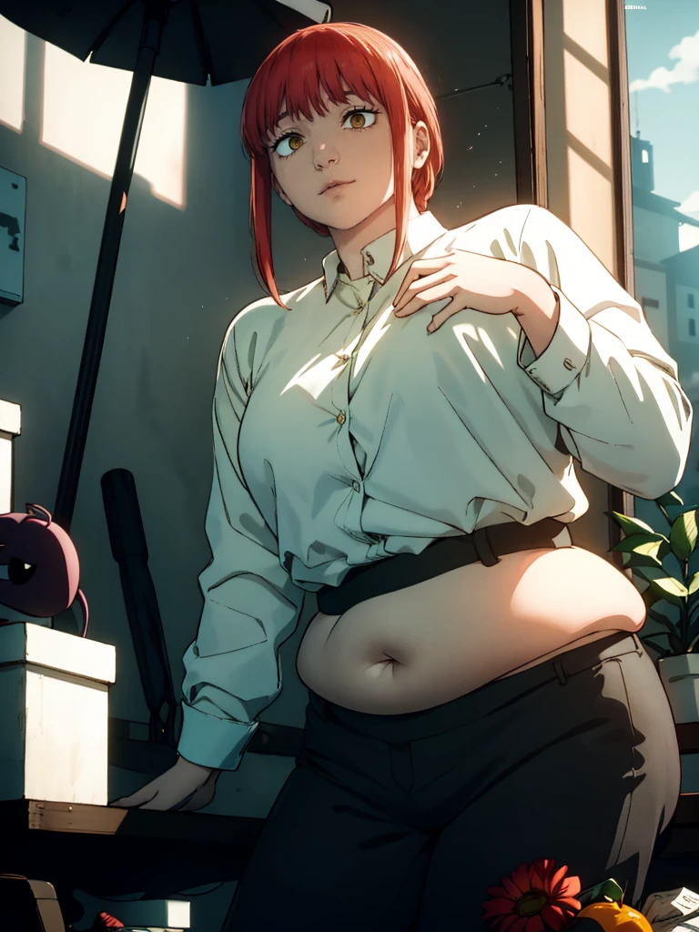 Le personnage Makima de la série animée Chainsaw Man, fragile, obésité morbide, ssbbw, pleine longueur (corps entier 1.1.), fond sombre, obscurité, anatomie correcte 1.1, anatomie correcte de la main, Très féminin, corps gras et rond, grosses Jambes, fesses, beau corps obèse, ventre rond et mou très gras, cheveux roux, Yeux oranges, Cercles rouges pour les écoliers, chemise blanche, jupe noire, cravate noire, pose sexy, réaliste, very détaillé, beau corps, détaillé body, détaillé hands, détaillé, vibrant, détaillé Face, Conception des personnages de Makima. very détaillé, détaillé body, détaillé hands, détaillé Face, Art animé, Hugh Détails, Visage très abattu, détaillé eyes, Illustration ultra fine, Meilleure ombre, détail fin, beautiful détaillé glow, beautiful détaillé, Extraordinairement beau, extremely détaillé, inexpressif, composition épique, Style animé. art animé, Style animé. Jupe noire, chemise blanche, cravatte, pose sexy, ventre énorme et rond