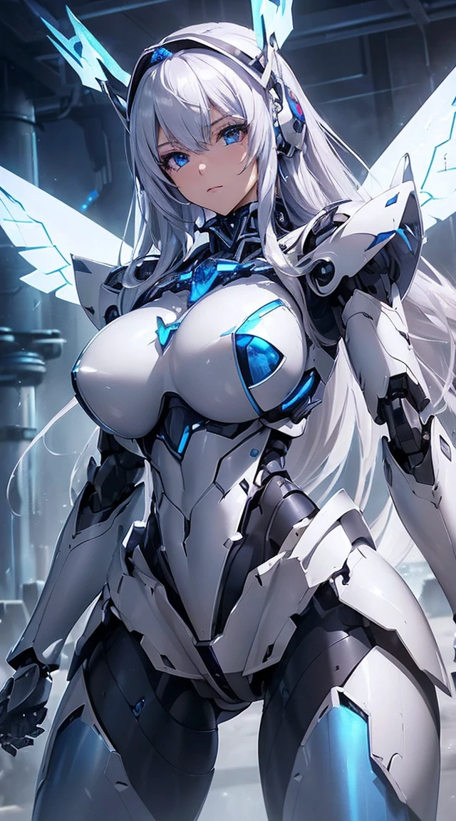 ((Intense action pose:1.6))、((Shining lenses on both breasts:1.3))、((Blue pillars of light are emanating from both chests.:1.3))、smile、((8K)), ((32k)), ((Highest quality)), ((masterpiece)), ((超A high resolution)), ((Tmasterpiece)), ((Halation:1.4))、((Mechaニカルheadgear:1.2))、((Cyber Headphones:1.3))、Fine skin, High quality fabric, Fine metal texture、((Beautiful and dense face))、RAW Photos、Professional, Ultra-fine painting, ((alone)), Beautiful breasts、Highest quality, Very detailed, Very detailed詳細, Finer details, so beautiful, ((Princess Knight Robot:1.2)), (Joints of machines, Mechanical Limbs:1.3), (The internal structure of the machine is exposed:1.3), (Long silver hair:1.1), (Beautiful and huge mechanical breasts)、White Veil, cowboy_shot, Side Focus, headgear, Shiny、(Five Fingers, Four fingers and thumb),Concept Art, Anime fantasy artwork, Detailed fantasy art, (with pale blue-violet hair and large white wings,,,,,,,), (((Long silver hair))), (Mecha:1.6)、Sleek and intimidating design, ((Commander-in-Chief'arm)), (Perfect robot body)、純白と青紫armまたは, Symmetrical wings, 8K high quality, detailed art, 3D rendering of character art in 8K, neat legs, Defined, Defined fingers,
