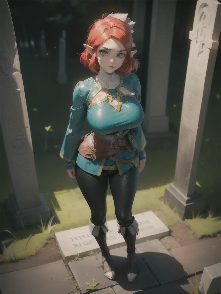 ((full body:2)) {zelda botw outfit}, only {zelda botw outfit} is this ((wearing Ninja attire, with round shiny jewel on chest, with a belt, helmet on head):1.5) ((extremely tight on the body, with a round jewel on her breastplate):1.5), only {zelda botw outfit} ((has extremely large breasts):1.8), only {zelda botw outfit} ((is looking at viewer/look and face of hate, doing heroic poses with arms above the waist)), only {zelda botw outfit} has ((green colored eyes, very short mohawk red hair):1.5), only {zelda botw outfit} is standing, ((Inside a cemetery, this night, it's full of ghosts near the tombstones)), anime, anime style, cinematic lighting, 16k, highres, best quality, (high details:1.4), UHD, ((masterpiece))