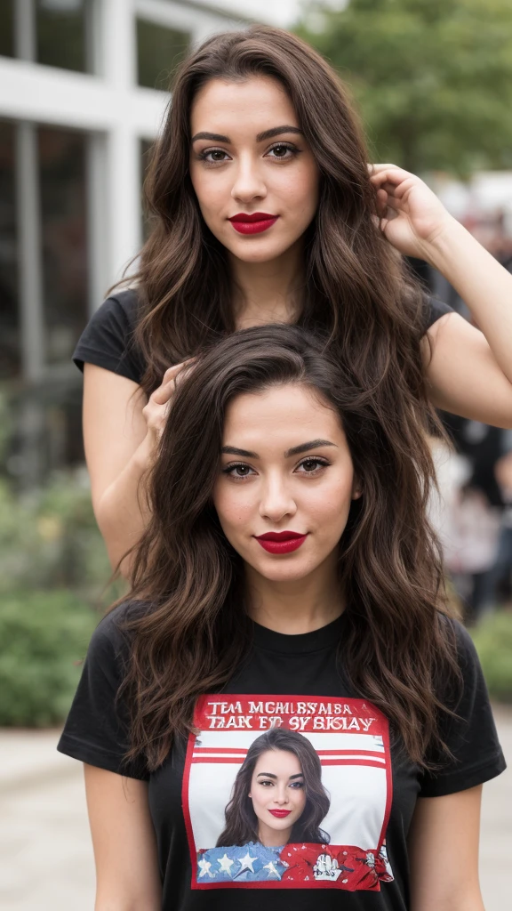 Selfie of a woman, 4th of July T-Shirt, long dark brown hair, black eyes, red lipstick, ultra realistic