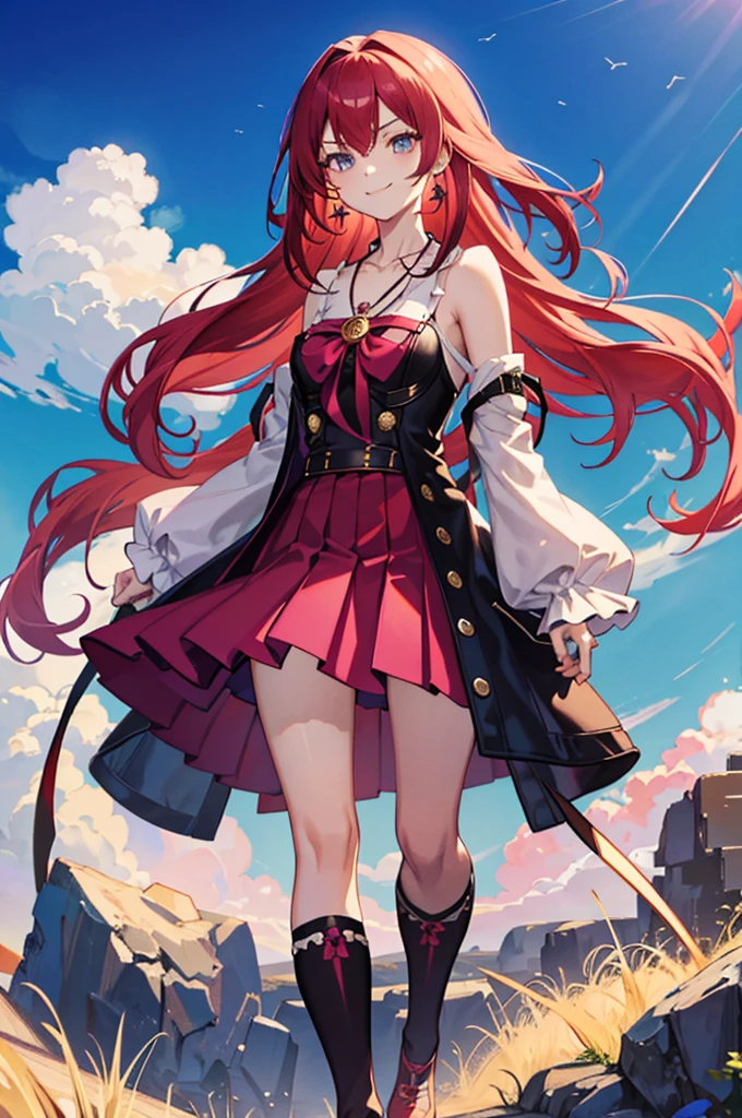 {{eroge,game CG,high quality game CG},{{{1girl}}},{{masterpiece}}, {{{best quality}}}, {{ultra-detailed}}, {{illustration}},,{{magical girl}},brooch,,,, {{disheveled hair}},,big hair, gradient hair,small breasts,,,drill hair, neko ears, {pocket watch}, very long hair, dreadlocks, red hair,gradient hair,((evil sexy smile)), v-shaped_eyebrows, zettai_ryouiki,,,, standing,girl with a retro fashion style. She should have elements inspired by the 70s, such as floral prints and pleated skirt. Incorporate vibrant colors and bold patterns into her outfit. Add accessories like fringed earrings or a statement necklace to complete the look. Gathering with adventurers in the plains,fantasy plain background, katana
