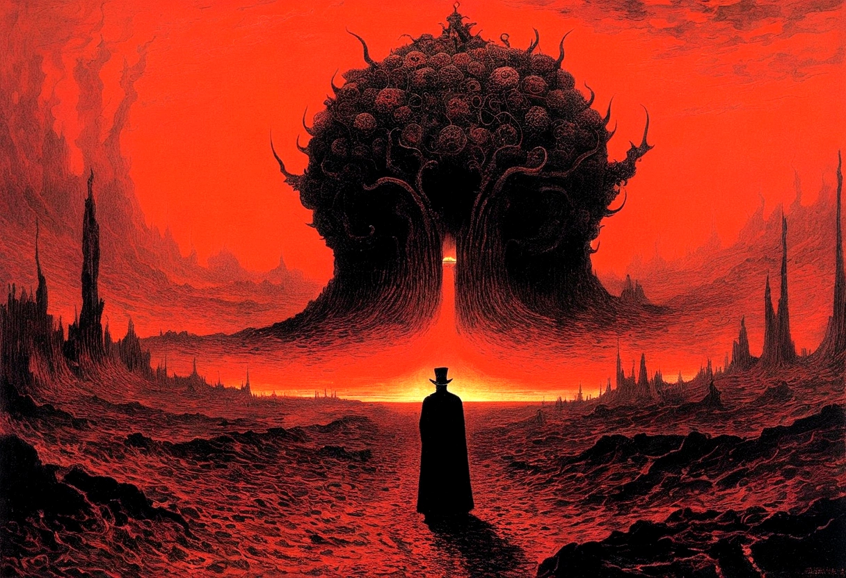 Mythical creatures, author：Zdzislaw Beksiński and Vincent Van Gogh, Album cover, romantic, Surrealism, Futuristic ,Satan, Coral, Wizard, Abstracted, dark, Red/Black, hell, landscape