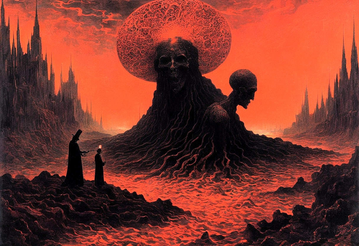 Mythical creatures, author:Zdzislaw Beksiński and Vincent Van Gogh, Album cover, romantic, Surrealism, Futuristic ,Satan, Coral, Wizard, Abstracted, dark, Red/Black, hell, landscape