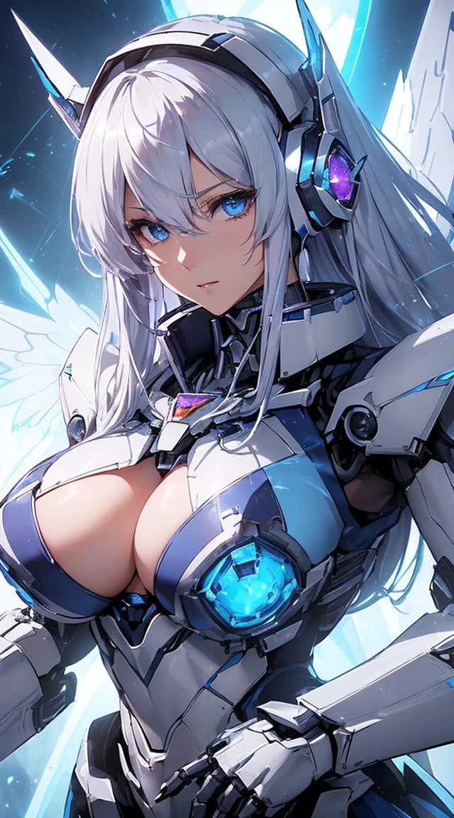 ((Extreme close up:1.6))、(((Lenses shining on both breasts:1.3)))、((A blue pillar of light emanates from both of his chests..:1.3))、break、(((Dynamic pose:1.8)))、smile、((8K)), ((32k)), ((Highest quality)), ((masterpiece)), ((超A high resolution)), ((Tmasterpiece)), ((Halation:1.4))、((Mechaニカルheadgear:1.2))、((Cyber Headphones:1.3))Fine skin, High quality fabric, High-quality metal texture、((Beautiful and dense face))、RAW Photos、Professional, Ultra-fine painting, ((alone)), Beautiful breasts、Highest quality, Very detailed, Very detailed詳細, Finer details, so beautiful, ((Princess Knight Robot:1.2)),  (Joint of the machine, Mechanical Limbs:1.3), (The internal structure of the machine is exposed:1.3), (Long silver hair:1.1), (Beautiful and huge mechanical breasts)、White Veil, cowboy_shot, Side Focus, headgear, Shiny、(Five Fingers, Four fingers and thumb),Concept Art, Anime fantasy artwork, Detailed fantasy art, (with pale blue-violet hair and large white wings,,,,,,,,), (((Long silver hair))), (Mecha:1.6)、Sleek and intimidating design, ((Commander-in-Chief&#39;arm)), (Perfect robot body)、純白と青紫のarmまたは, Symmetrical wings, 8K High Resolution, Detailed Art, 3D rendering of character art in 8K, neat legs, Defined, Defined fingers,((headshot:1.3))