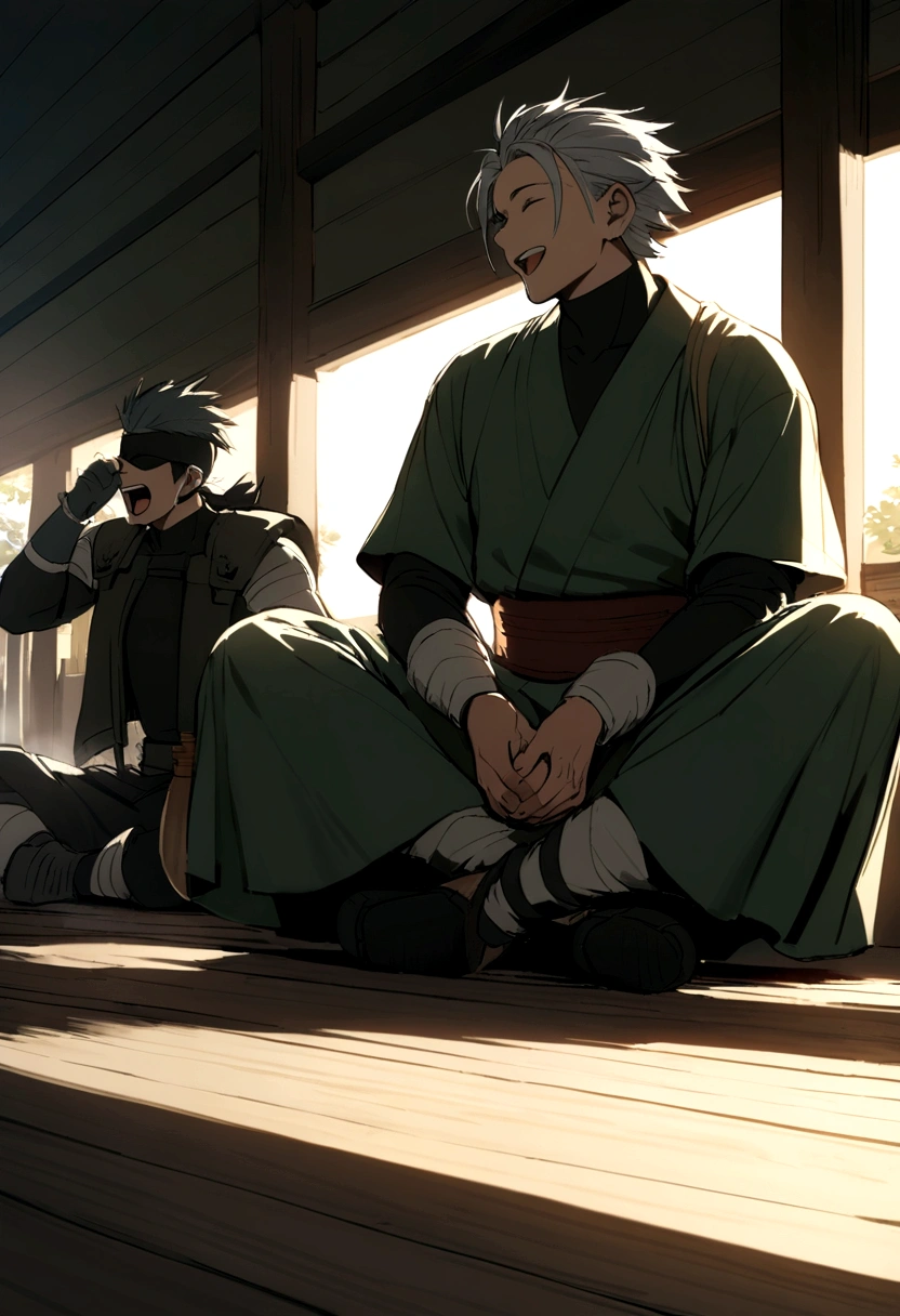 kakashi and genma drinking sake anf laughing and sitting on floor