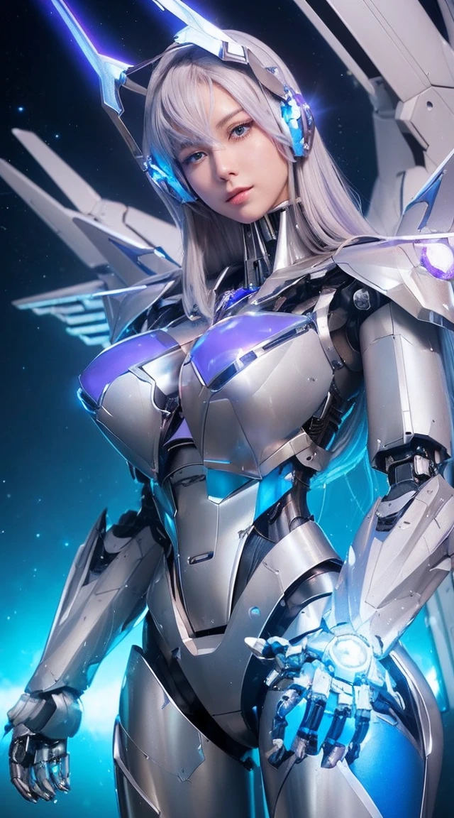 ((Extreme close up:1.6))、(((Lenses shining on both breasts:1.3)))、((A blue pillar of light emanates from both of his chests..:1.3))、break、(((Dynamic pose:1.8)))、smile、((8K)), ((32k)), ((Highest quality)), ((masterpiece)), ((超A high resolution)), ((Tmasterpiece)), ((Halation:1.4))、((Mechaニカルheadgear:1.2))、((Cyber Headphones:1.3))Fine skin, High quality fabric, High-quality metal texture、((Beautiful and dense face))、RAW Photos、Professional, Ultra-fine painting, ((alone)), Beautiful breasts、Highest quality, Very detailed, Very detailed詳細, Finer details, so beautiful, ((Princess Knight Robot:1.2)), (Joint of the machine, Mechanical Limbs:1.3), (The internal structure of the machine is exposed:1.3), (Long silver hair:1.1), (Beautiful and huge mechanical breasts)、White Veil, cowboy_shot, Side Focus, headgear, Shiny、(Five Fingers, Four fingers and thumb),Concept Art, Anime fantasy artwork, Detailed fantasy art, (with pale blue-violet hair and large white wings,,,,,,,,), (((Long silver hair))), (Mecha:1.6)、Sleek and intimidating design, ((Commander-in-Chief'arm)), (Perfect robot body)、純白と青紫のarmまたは, Symmetrical wings, 8K High Resolution, Detailed Art, 3D rendering of character art in 8K, neat legs, Defined, Defined fingers,((headshot:1.3))