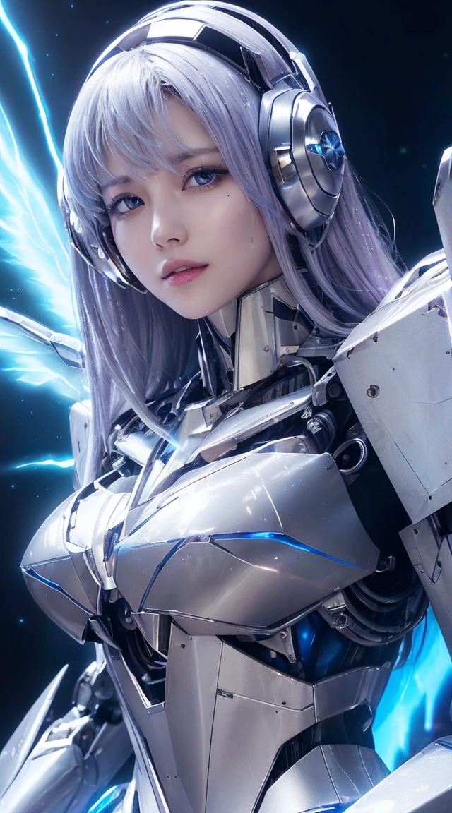 ((Extreme close up:1.6))、(((Lenses shining on both breasts:1.3)))、((A blue pillar of light emanates from both of his chests..:1.3))、break、(((Dynamic pose:1.8)))、smile、((8K)), ((32k)), ((Highest quality)), ((masterpiece)), ((超A high resolution)), ((Tmasterpiece)), ((Halation:1.4))、((Mechaニカルheadgear:1.2))、((Cyber Headphones:1.3))Fine skin, High quality fabric, High-quality metal texture、((Beautiful and dense face))、RAW Photos、Professional, Ultra-fine painting, ((alone)), Beautiful breasts、Highest quality, Very detailed, Very detailed詳細, Finer details, so beautiful, ((Princess Knight Robot:1.2)),  (Joint of the machine, Mechanical Limbs:1.3), (The internal structure of the machine is exposed:1.3), (Long silver hair:1.1), (Beautiful and huge mechanical breasts)、White Veil, cowboy_shot, Side Focus, headgear, Shiny、(Five Fingers, Four fingers and thumb),Concept Art, Anime fantasy artwork, Detailed fantasy art, (with pale blue-violet hair and large white wings,,,,,,,,), (((Long silver hair))), (Mecha:1.6)、Sleek and intimidating design, ((Commander-in-Chief&#39;arm)), (Perfect robot body)、純白と青紫のarmまたは, Symmetrical wings, 8K High Resolution, Detailed Art, 3D rendering of character art in 8K, neat legs, Defined, Defined fingers,((headshot:1.3))