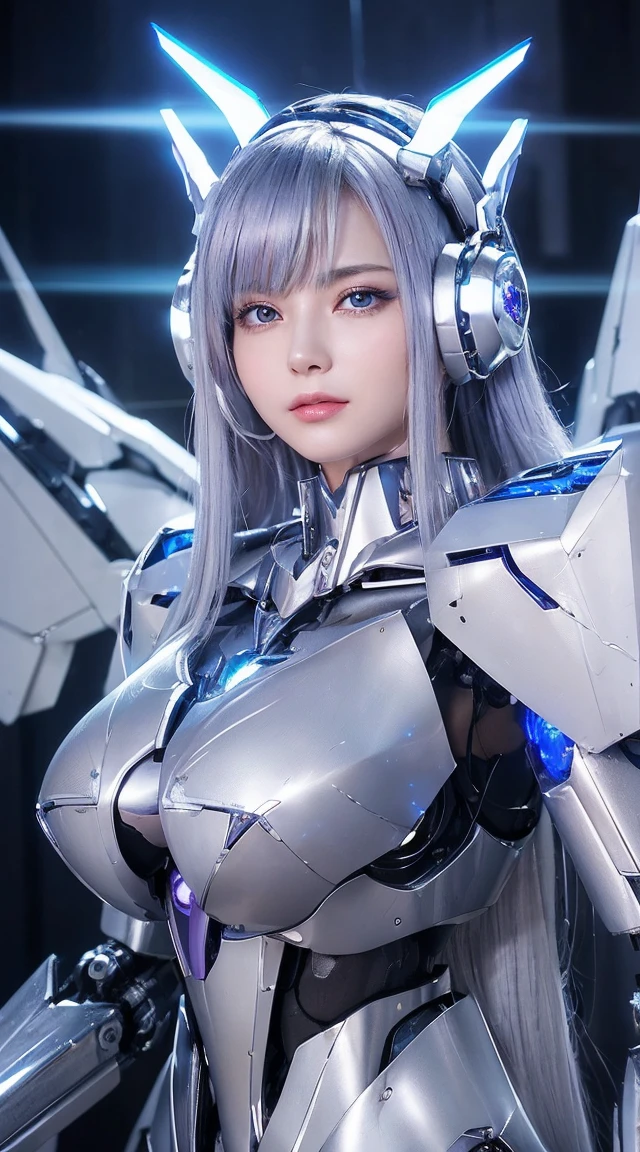 ((Intense action pose:1.6))、((Shining lenses on both breasts:1.3))、((Blue pillars of light are emanating from both chests.:1.3))、smile、((8K)), ((32k)), ((Highest quality)), ((masterpiece)), ((超A high resolution)), ((Tmasterpiece)), ((Halation:1.4))、((Mechaニカルheadgear:1.2))、((Cyber Headphones:1.3))、Fine skin, High quality fabric, Fine metal texture、((Beautiful and dense face))、RAW Photos、Professional, Ultra-fine painting, ((alone)), Beautiful breasts、Highest quality, Very detailed, Very detailed詳細, Finer details, so beautiful, ((Princess Knight Robot:1.2)), (Joints of machines, Mechanical Limbs:1.3), (The internal structure of the machine is exposed:1.3), (Long silver hair:1.1), (Beautiful and huge mechanical breasts)、White Veil, cowboy_shot, Side Focus, headgear, Shiny、(Five Fingers, Four fingers and thumb),Concept Art, Anime fantasy artwork, Detailed fantasy art, (with pale blue-violet hair and large white wings,,,,,,,), (((Long silver hair))), (Mecha:1.6)、Sleek and intimidating design, ((Commander-in-Chief'arm)), (Perfect robot body)、純白と青紫armまたは, Symmetrical wings, 8K high quality, detailed art, 3D rendering of character art in 8K, neat legs, Defined, Defined fingers,