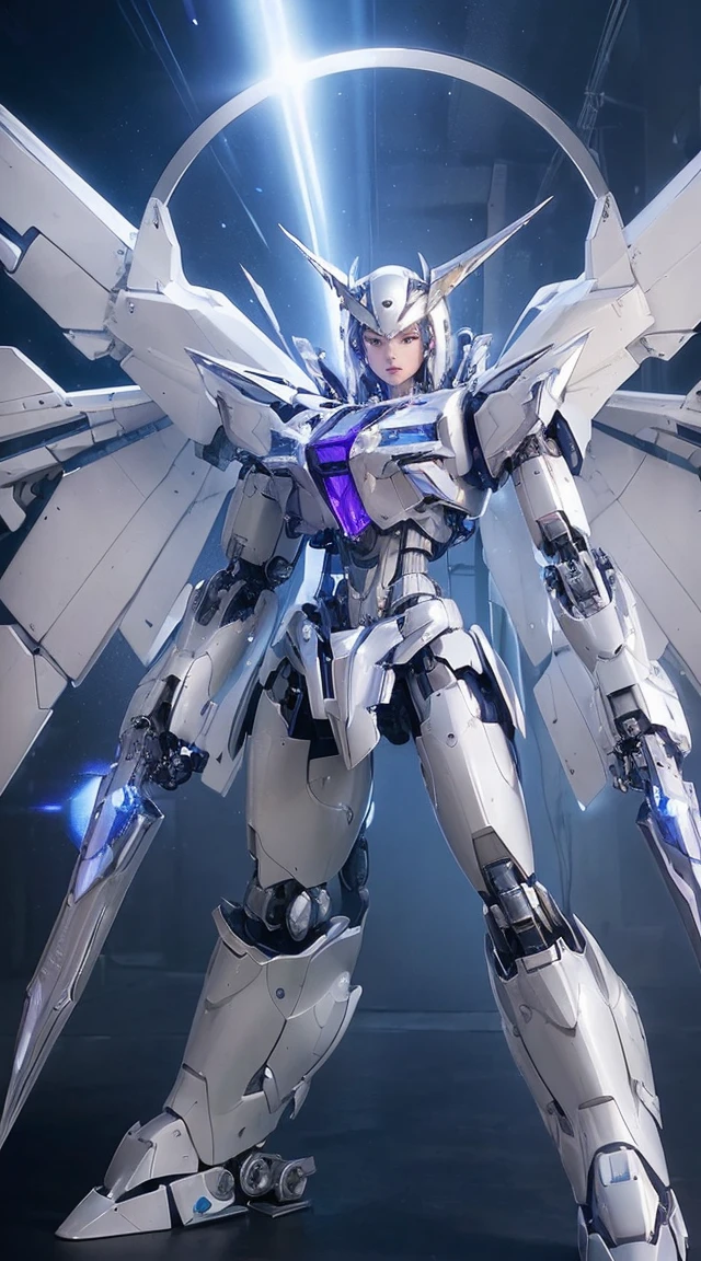 ((Intense action pose:1.6))、((Shining lenses on both breasts:1.3))、((Blue pillars of light are emanating from both chests.:1.3))、smile、((8K)), ((32k)), ((Highest quality)), ((masterpiece)), ((超A high resolution)), ((Tmasterpiece)), ((Halation:1.4))、((Mechaニカルheadgear:1.2))、((Cyber Headphones:1.3))、Fine skin, High quality fabric, Fine metal texture、((Beautiful and dense face))、RAW Photos、Professional, Ultra-fine painting, ((alone)), Beautiful breasts、Highest quality, Very detailed, Very detailed詳細, Finer details, so beautiful, ((Princess Knight Robot:1.2)), (Joints of machines, Mechanical Limbs:1.3), (The internal structure of the machine is exposed:1.3), (Long silver hair:1.1), (Beautiful and huge mechanical breasts)、White Veil, cowboy_shot, Side Focus, headgear, Shiny、(Five Fingers, Four fingers and thumb),Concept Art, Anime fantasy artwork, Detailed fantasy art, (with pale blue-violet hair and large white wings,,,,,,,), (((Long silver hair))), (Mecha:1.6)、Sleek and intimidating design, ((Commander-in-Chief'arm)), (Perfect robot body)、純白と青紫armまたは, Symmetrical wings, 8K high quality, detailed art, 3D rendering of character art in 8K, neat legs, Defined, Defined fingers,