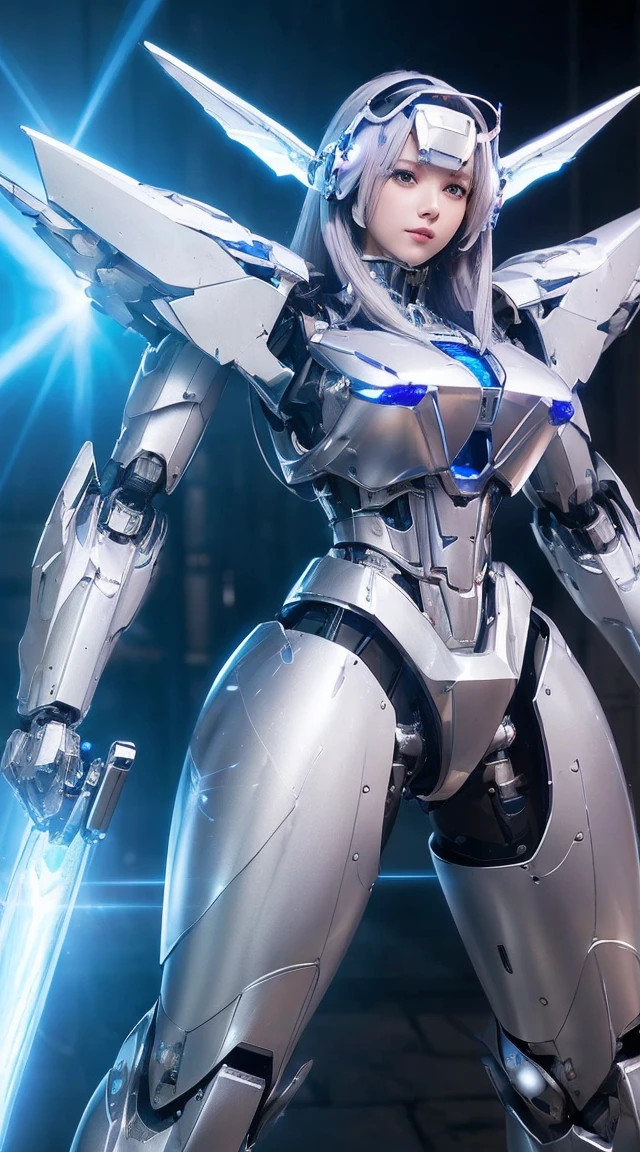((Intense action pose:1.6))、((Shining lenses on both breasts:1.3))、((Blue pillars of light are emanating from both chests.:1.3))、smile、((8K)), ((32k)), ((Highest quality)), ((masterpiece)), ((超A high resolution)), ((Tmasterpiece)), ((Halation:1.4))、((Mechaニカルheadgear:1.2))、((Cyber Headphones:1.3))、Fine skin, High quality fabric, Fine metal texture、((Beautiful and dense face))、RAW Photos、Professional, Ultra-fine painting, ((alone)), Beautiful breasts、Highest quality, Very detailed, Very detailed詳細, Finer details, so beautiful, ((Princess Knight Robot:1.2)), (Joints of machines, Mechanical Limbs:1.3), (The internal structure of the machine is exposed:1.3), (Long silver hair:1.1), (Beautiful and huge mechanical breasts)、White Veil, cowboy_shot, Side Focus, headgear, Shiny、(Five Fingers, Four fingers and thumb),Concept Art, Anime fantasy artwork, Detailed fantasy art, (with pale blue-violet hair and large white wings,,,,,,,), (((Long silver hair))), (Mecha:1.6)、Sleek and intimidating design, ((Commander-in-Chief'arm)), (Perfect robot body)、純白と青紫armまたは, Symmetrical wings, 8K high quality, detailed art, 3D rendering of character art in 8K, neat legs, Defined, Defined fingers,