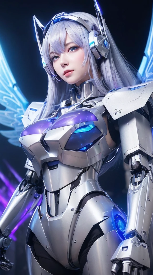 ((Intense action pose:1.6))、((Shining lenses on both breasts:1.3))、((Blue pillars of light are emanating from both chests.:1.3))、smile、((8K)), ((32k)), ((Highest quality)), ((masterpiece)), ((超A high resolution)), ((Tmasterpiece)), ((Halation:1.4))、((Mechaニカルheadgear:1.2))、((Cyber Headphones:1.3))、Fine skin, High quality fabric, Fine metal texture、((Beautiful and dense face))、RAW Photos、Professional, Ultra-fine painting, ((alone)), Beautiful breasts、Highest quality, Very detailed, Very detailed詳細, Finer details, so beautiful, ((Princess Knight Robot:1.2)), (Joints of machines, Mechanical Limbs:1.3), (The internal structure of the machine is exposed:1.3), (Long silver hair:1.1), (Beautiful and huge mechanical breasts)、White Veil, cowboy_shot, Side Focus, headgear, Shiny、(Five Fingers, Four fingers and thumb),Concept Art, Anime fantasy artwork, Detailed fantasy art, (with pale blue-violet hair and large white wings,,,,,,,), (((Long silver hair))), (Mecha:1.6)、Sleek and intimidating design, ((Commander-in-Chief'arm)), (Perfect robot body)、純白と青紫armまたは, Symmetrical wings, 8K high quality, detailed art, 3D rendering of character art in 8K, neat legs, Defined, Defined fingers,