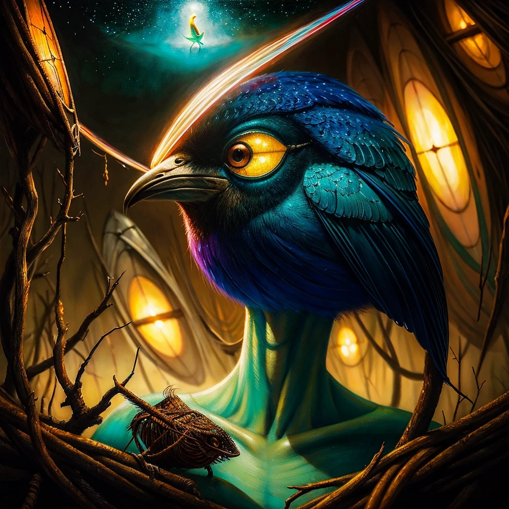 A mesmerizing hyper-realistic portrait by Esao Andrews featuring an otherworldly human-bird creature. The bioluminescent being has a slender form, with a complex internal structure and see-through skin revealing a dazzling array of multi-colored neon dots emitting a captivating glow. The creature tenderly cradles its bird-like face, surrounded by an enigmatic atmosphere. The artwork masterfully integrates Esao Andrews' signature artistic techniques, evoking a sense of wonder and mystique, drawing the viewer into a world of imagination and curiosity.