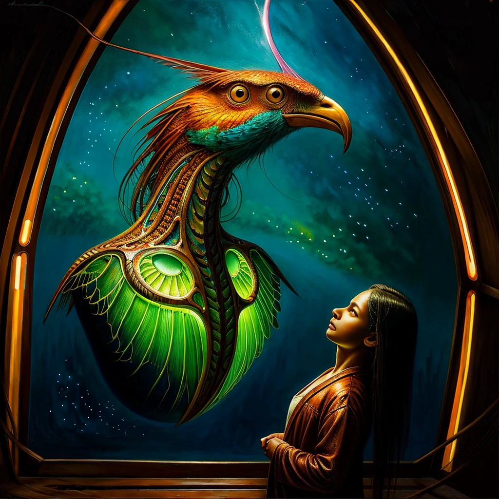 A mesmerizing hyper-realistic portrait by Esao Andrews featuring an otherworldly human-bird creature. The bioluminescent being has a slender form, with a complex internal structure and see-through skin revealing a dazzling array of multi-colored neon dots emitting a captivating glow. The creature tenderly cradles its bird-like face, surrounded by an enigmatic atmosphere. The artwork masterfully integrates Esao Andrews' signature artistic techniques, evoking a sense of wonder and mystique, drawing the viewer into a world of imagination and curiosity.