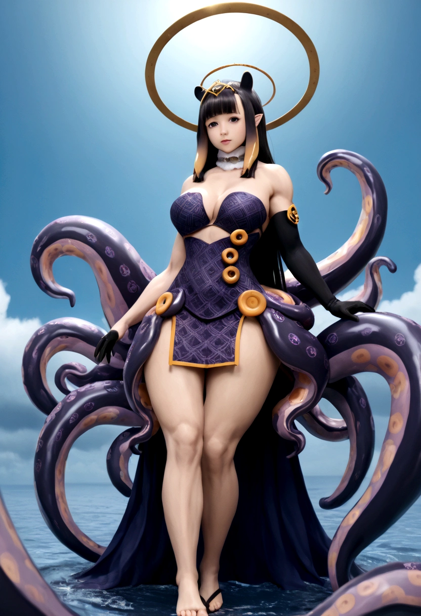 inapriestess, strapless dress, single thighhigh, single detached sleeve, black gloves, low wings, halo, detailed octopus tentacles, mole under eye, extreme muscular body, big breasts, 4 arms, full body.