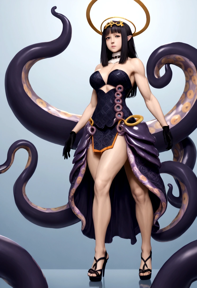 inapriestess, strapless dress, single thighhigh, single detached sleeve, black gloves, low wings, halo, detailed octopus tentacles, mole under eye, extreme muscular body, big breasts, 4 arms, full body.