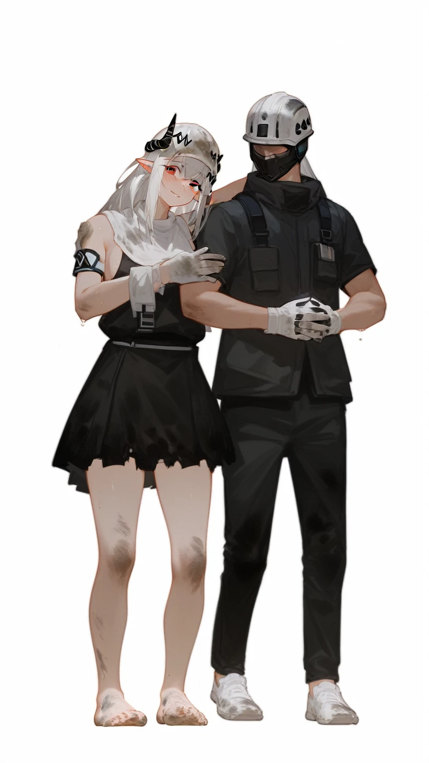score_9,score_8_up,score_7_up,1girl,mudrock (arknights),dirty,feet,gloves,helmet,horns,soles,red eyes,barefoot,pointy ears,breasts,solo,long hair,white hair,black gloves,toes,hardhat,foot focus,looking at viewer,sitting,sweat,parted lips,dirty feet,holding,outdoors,sky,bangs,oripathy lesion (arknights),day,smile,blush,demon horns,infection monitor (arknights),foreshortening,sun,
