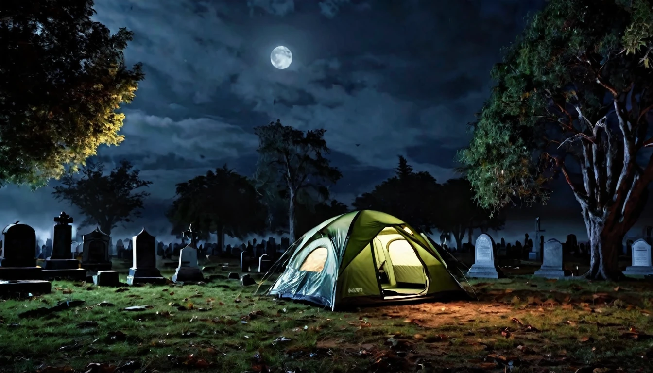 4K, realistic, camping tent, in the middle of a sinister cemetery, dark night, horror image, macabre, scary
