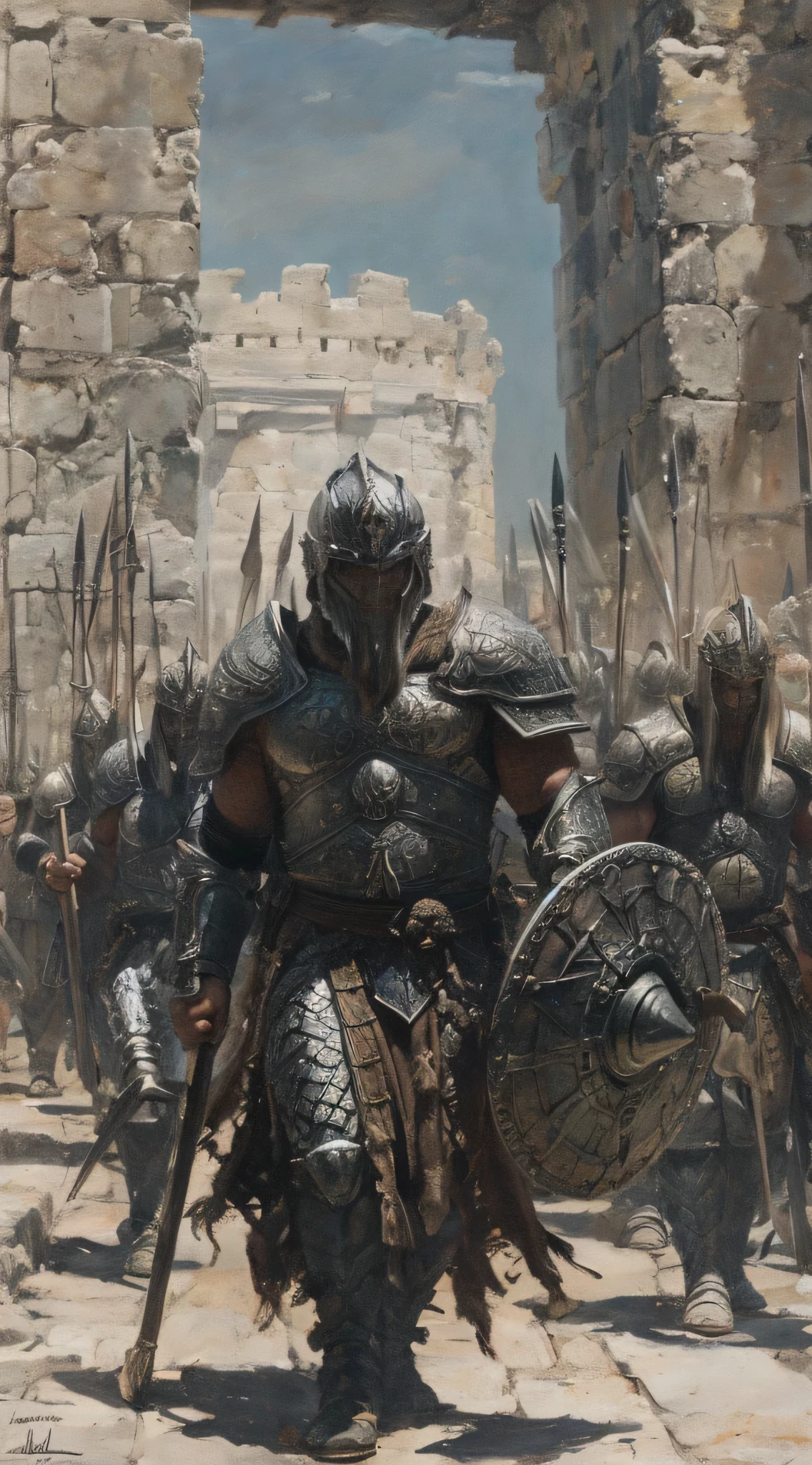 An oil painting depicting the dwarves mentioned in the Book of Ezekiel from the Bible, standing guard over the ancient walls of the city of Tyre. The scene shows the dwarves with sturdy, muscular builds, wearing traditional, intricately designed armor and helmets. They hold spears and shields, with determined expressions on their faces as they vigilantly watch over the city. The ancient walls of Tyre are depicted in the background, with a hint of the sea visible beyond. The overall atmosphere is one of ancient strength and timeless duty, rendered in rich, detailed brushstrokes typical of classical oil paintings.