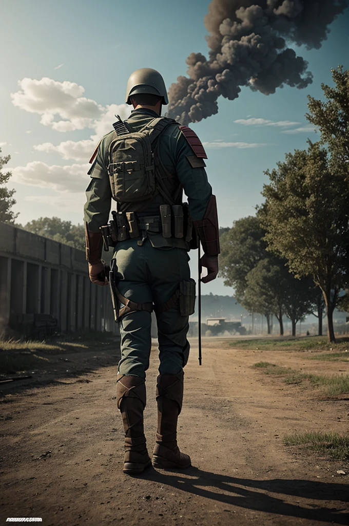  from behind, battlefield in the background, everything comic-like so you can draw it but still a bit realistic