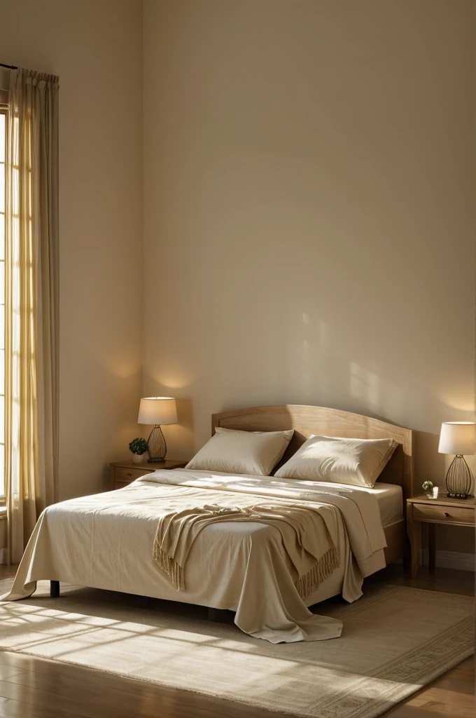 “Create an image of a serene morning scene in a bedroom. The sun is lazily breaking through sheer curtains, casting a warm, golden glow across the room. A faint mist, like the outline of a memory, envelops everything softly. The bed shows signs of recent use with slightly rumpled sheets. There is a gentle background hum, representing the morning’s silence. In the center, depict two ethereal souls dancing in infinity, their forms indistinct yet clearly defined, embodying a sense of eternity in each movement. The atmosphere should exude warmth, tranquility, and intimacy.”